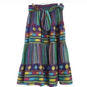 VINTAGE SK Wear Multicolored Tribal Style Print Tie Waist Tiered Full Midi Skirt